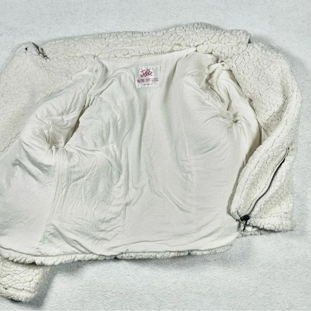 Justice Girls Sherpa Moto Jacket Size 18/20 Cream Teddy Bear Fleece‎ Zip Cozy